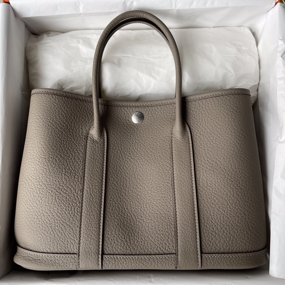 Hermes Garden Party 30cm Tote Handbag In Gris Asphalte Clemence Leather